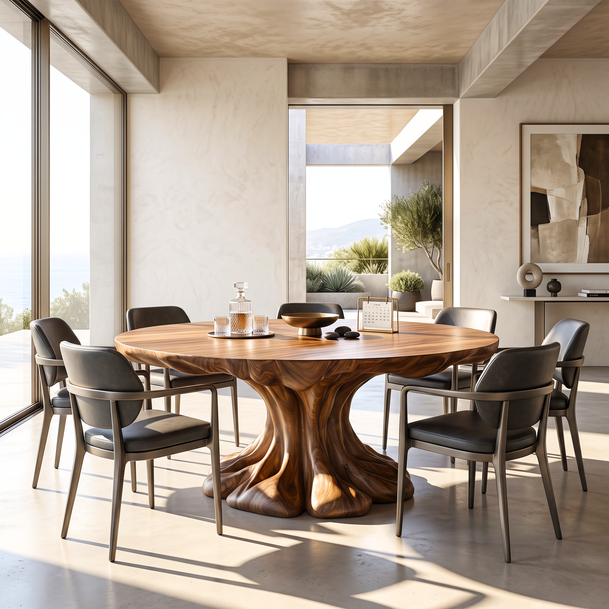 Dining Table with Flowing Pedestal Base and Organic Wood Top