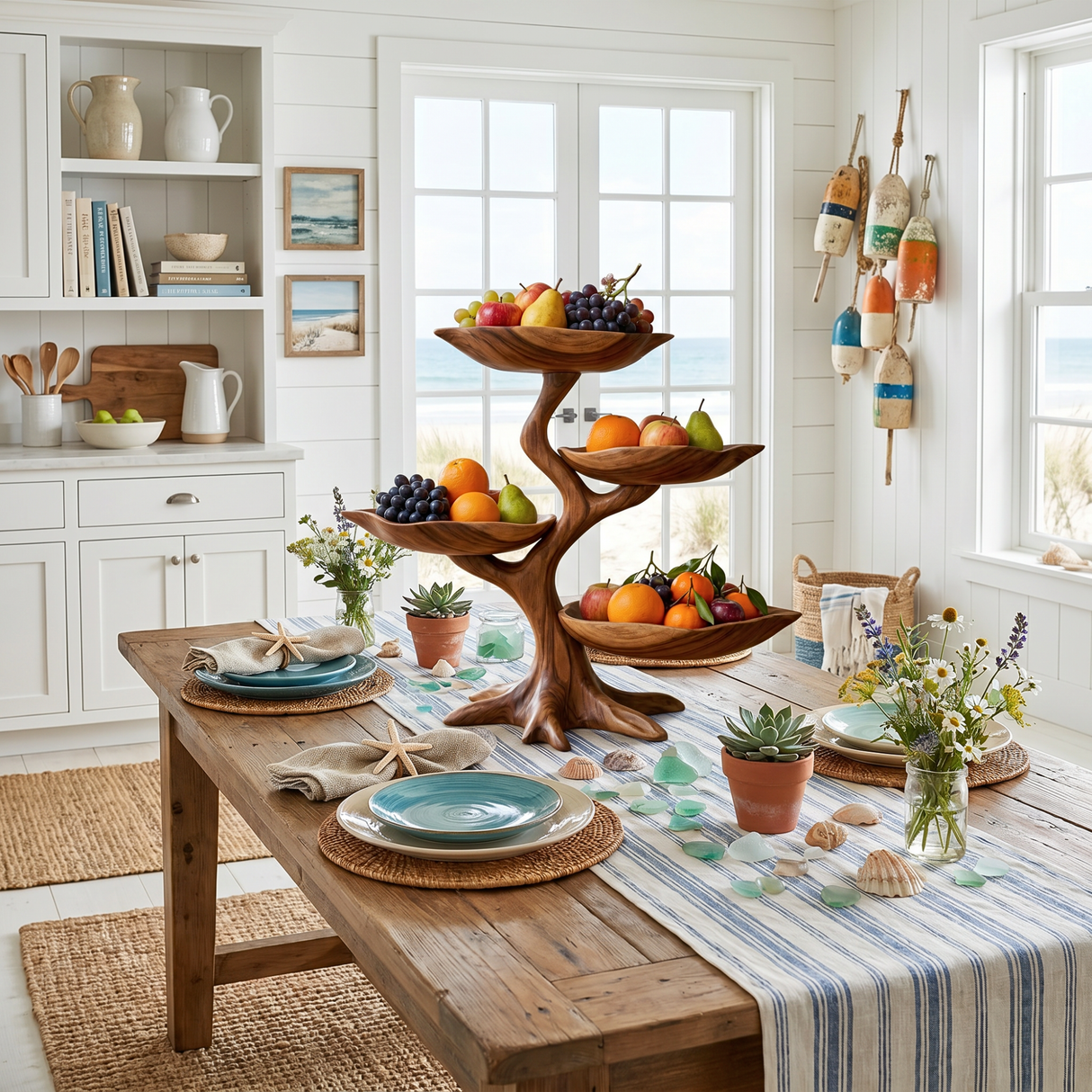 Solid Wood Four-Tier Fruit Display Stand with Sculptural Branch Base and Curved Bowl Trays