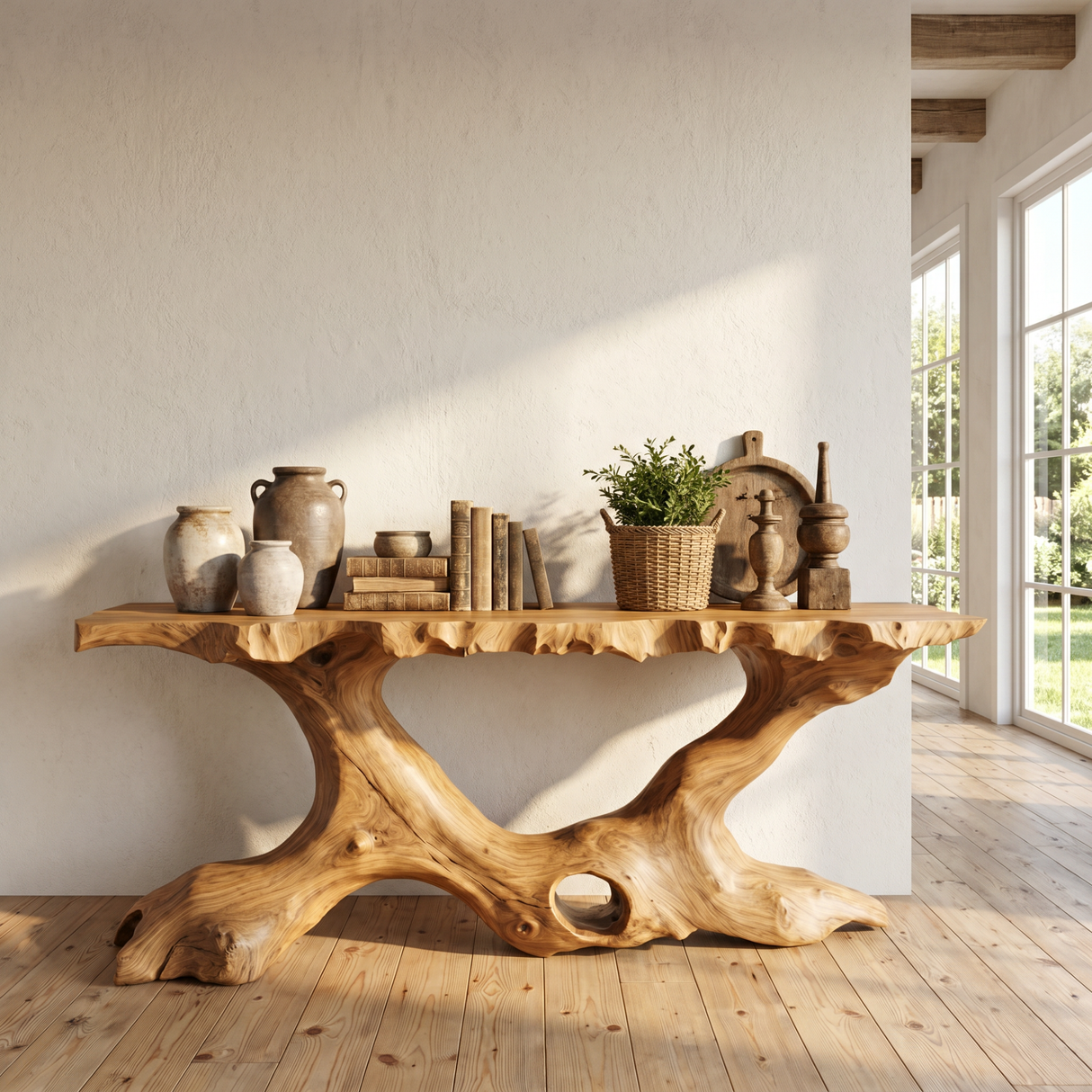 Console Table Solid Wood with Organic Tree Root Base for Entryway Decor