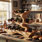 Multi Tier Solid Wood Wine Rack with Organic Sculptural Form Rustic Bottle Holder