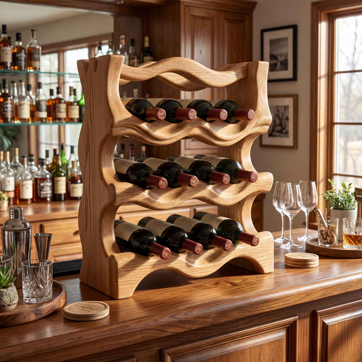 Organic Solid Wood Wine Rack Sculptural Multi Tier Bottle Holder for Countertop