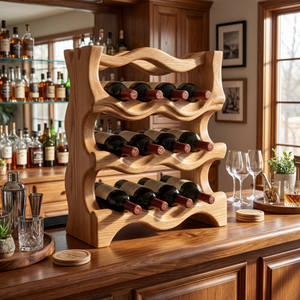 Organic Solid Wood Wine Rack Sculptural Multi Tier Bottle Holder for Countertop