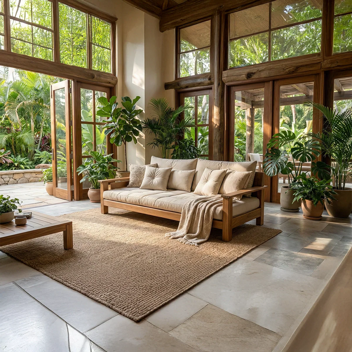 Natural Oak Sofa with Plush Linen Cushions for Organic Modern Interiors