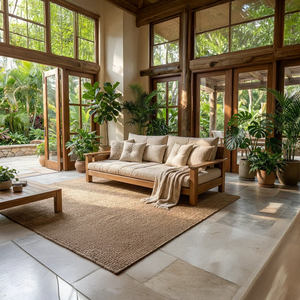 Natural Oak Sofa with Plush Linen Cushions for Organic Modern Interiors
