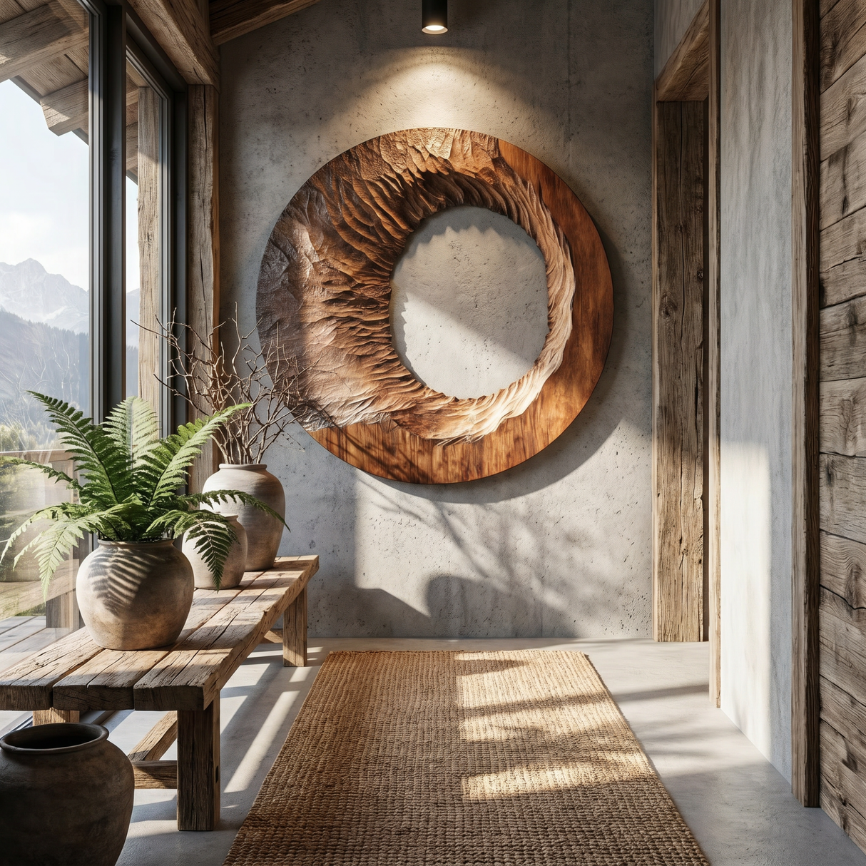 Handcrafted Solid Wood Ring Wall Art with Radial Carved Texture and Dark Inner Opening