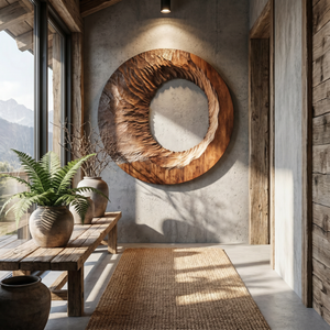 Handcrafted Solid Wood Ring Wall Art with Radial Carved Texture and Dark Inner Opening