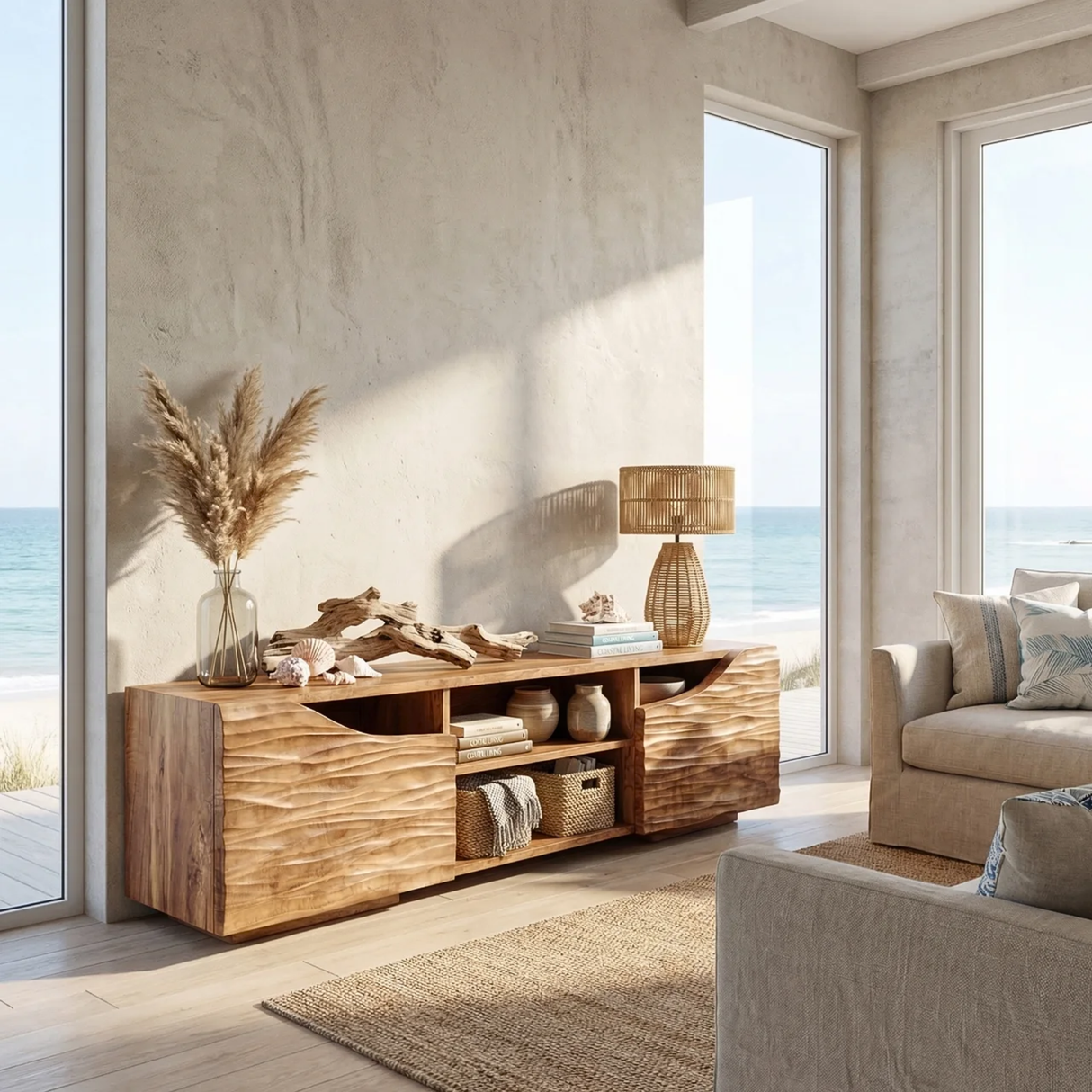 Sculptural Wood TV Cabinet with Carved Wave Doors for Modern Interiors