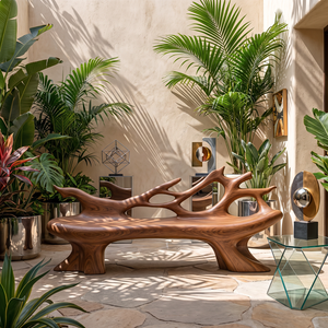 Sculptural Outdoor Solid Wood Bench with Flowing Branch Backrest