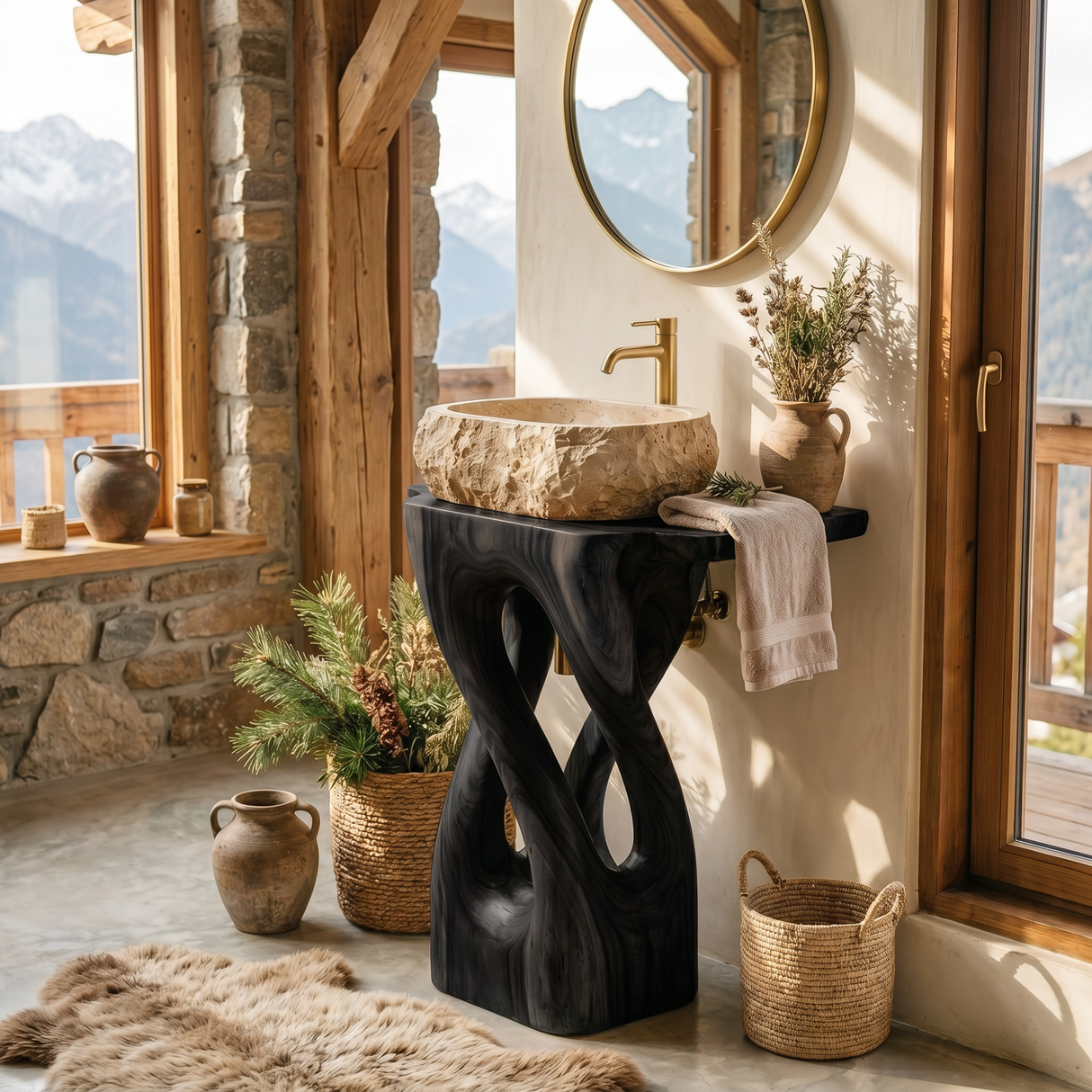 Organic Carved Solid Wood Pedestal Sink Stand with Open Sculptural Form