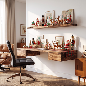 Wall Mounted Solid Wood Desk with Floating Drawers and Natural Wood Grain