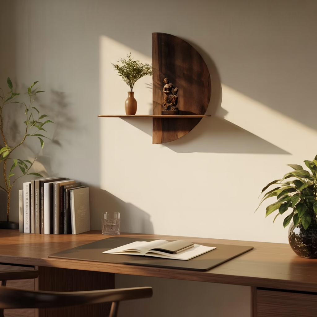 Half-Moon Solid Wood Wall Shelf with Sculptural Back Panel