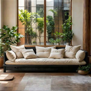 Japanese Style Low Wooden Sofa with Linen Cushions Zen Solid Wood Platform Couch