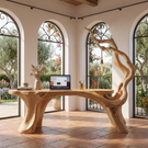 Handmade Solid Wood Sculptural Desk With Hanging Lamp Organic Modern Artistic Workspace Table