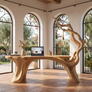 Handmade Solid Wood Sculptural Desk With Hanging Lamp Organic Modern Artistic Workspace Table