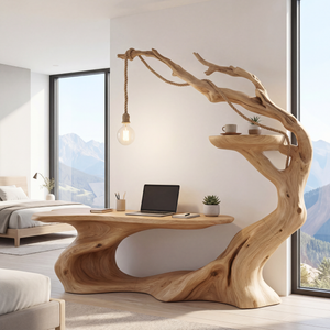 Organic Solid Wood Desk with Hanging Light Tree Inspired Writing Table Sculptural Modern Workspace