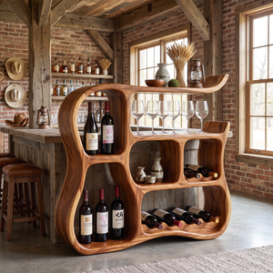 Wine Cabinet Solid Wood with Organic Curved Compartments for Home Bar Storage
