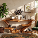 Sculptural Solid Wood Console Table with Tiered Shelves and Organic Root Base