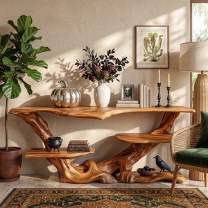 Sculptural Solid Wood Console Table with Tiered Shelves and Organic Root Base