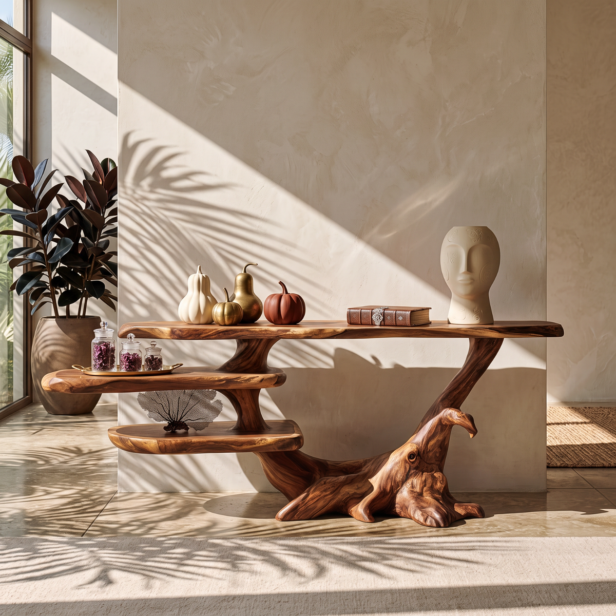 Handcrafted Solid Wood Console Table with Asymmetrical Shelves and Branching Base