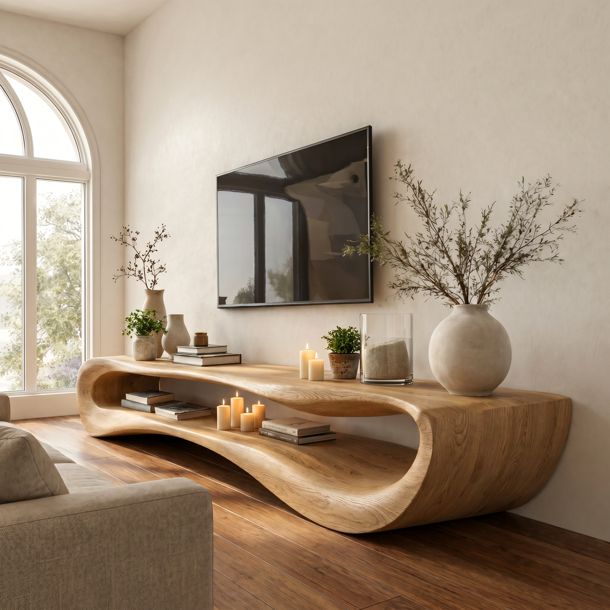Organic Solid Wood TV Stand with Curved Open Shelf