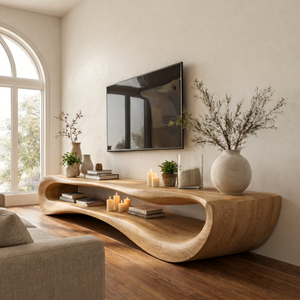 Organic Solid Wood TV Stand with Curved Open Shelf