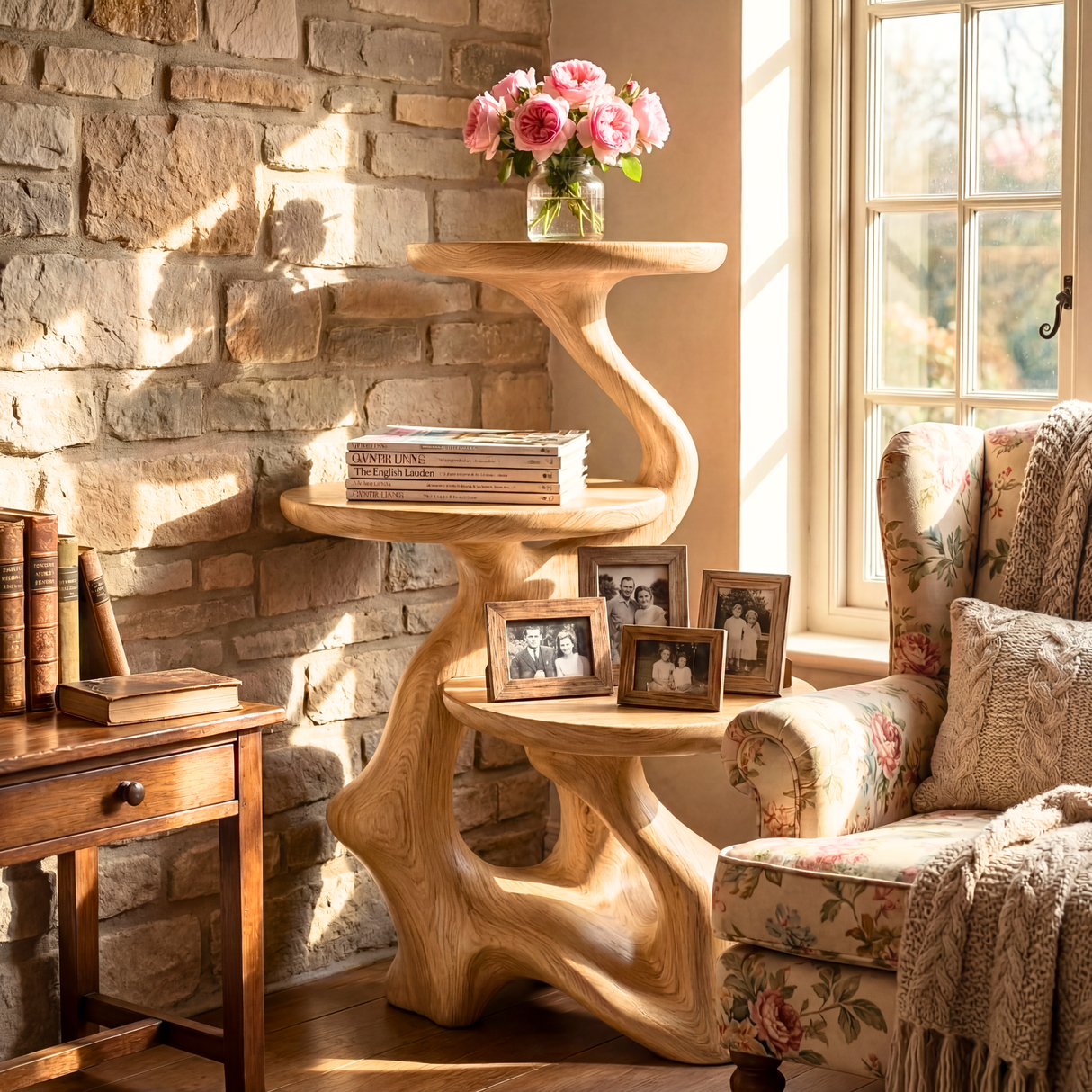 Tree Root Spa Side Table Handmade Wooden Bathroom Accent Shelf