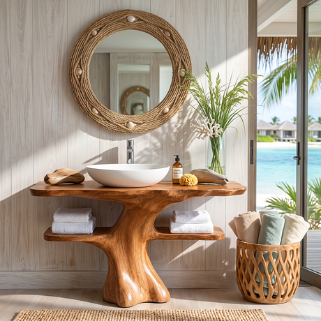 Solid Wood Bathroom Vanity with Sculptural Tree Base and Open Shelves