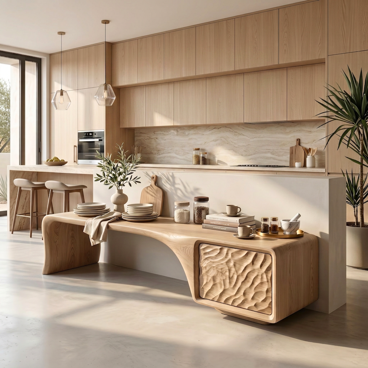 Organic Solid Wood TV Console with Sculptural Carved Cabinet Door