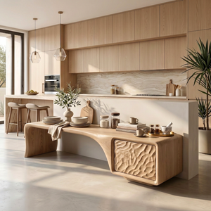 Organic Solid Wood TV Console with Sculptural Carved Cabinet Door