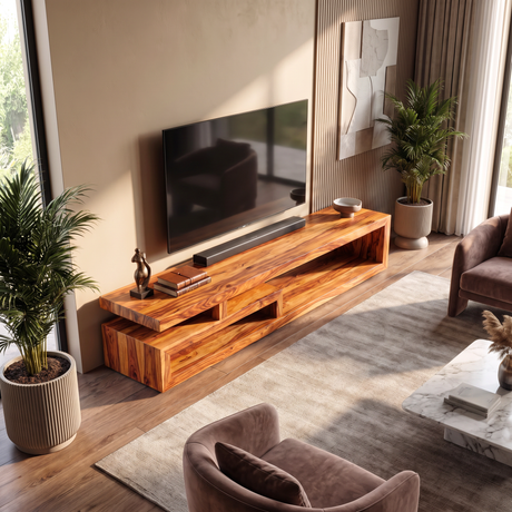 TV Console Solid Wood with Asymmetrical Open Shelf Frame for Living Room