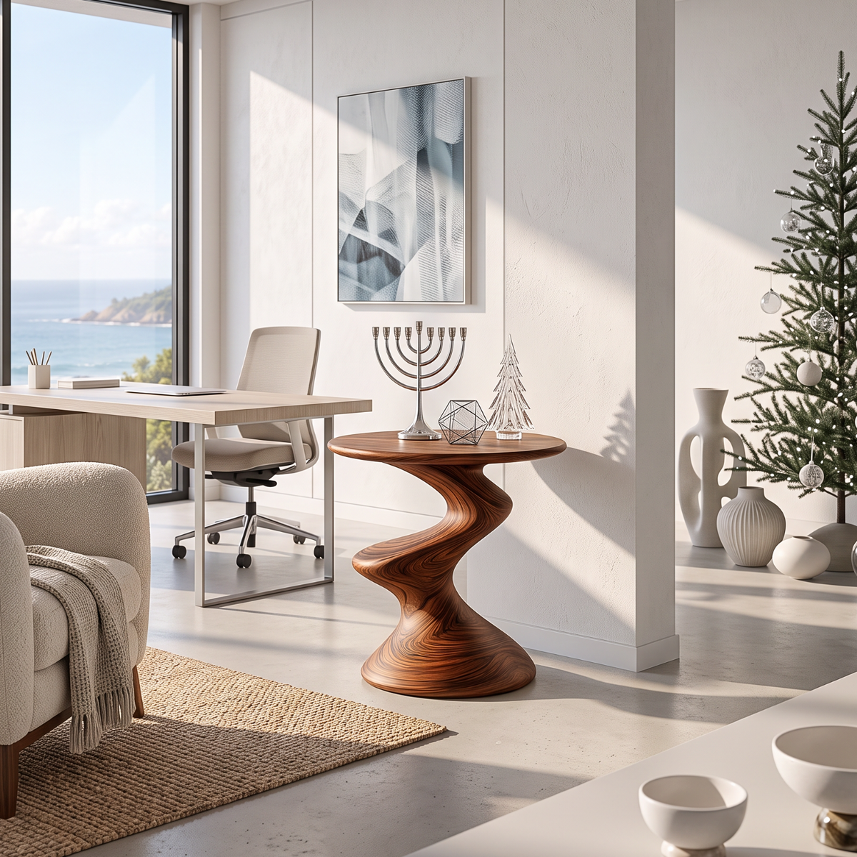 Sculptural Solid Wood Side Table with Twisted S Curve Pedestal Base