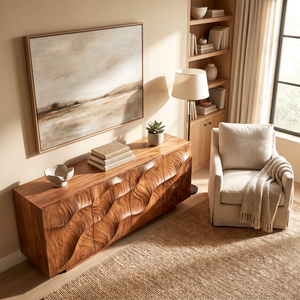 Sideboard Solid Wood with Sculptural Layered Dune Carved Doors for Living Room