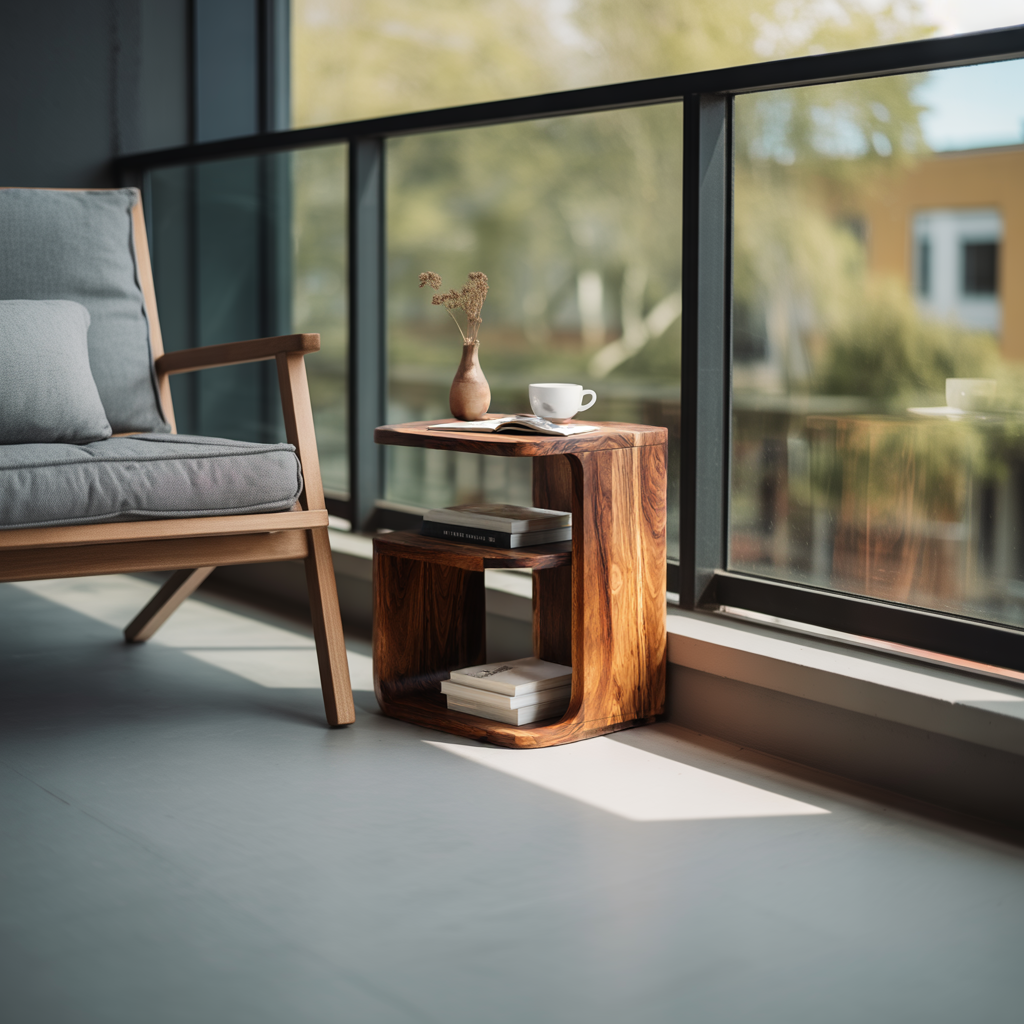 Modern Solid Wood C-Shaped End Table with Storage Shelf