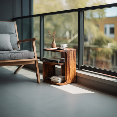 Modern Solid Wood C-Shaped End Table with Storage Shelf