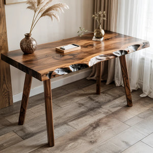 Live Edge Walnut Wood Table with Inlay Handmade Solid Wood Desk