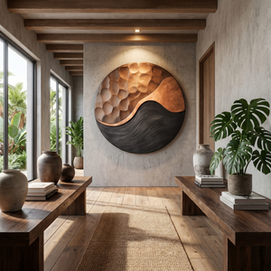 Handcrafted Oval Wood Wall Art with Black Wave Texture and Carved Mosaic Relief