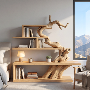 Organic Solid Wood Bookshelf with Sculptural Tree Form Modern Display Shelf Storage Unit