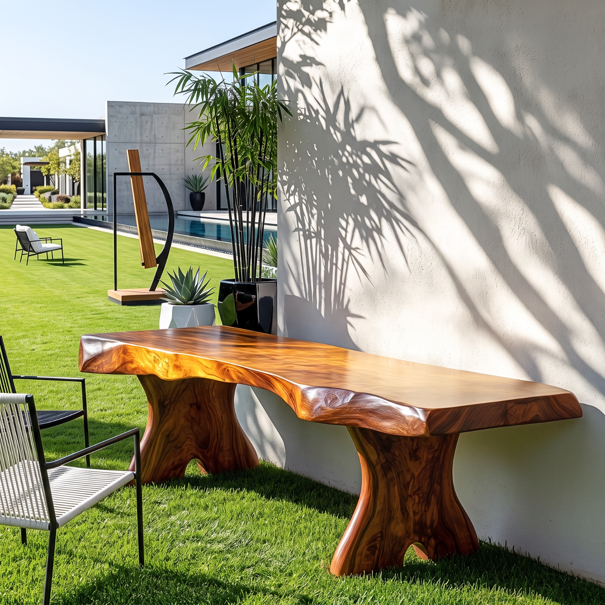 Natural Live Edge Wood Bench with Sculptural Solid Wood Legs