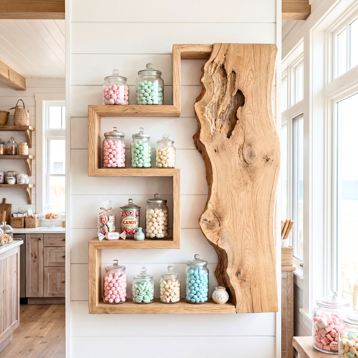 Geometric Solid Wood Wall Shelf with Live Edge Panel Sculptural Floating Storage Display