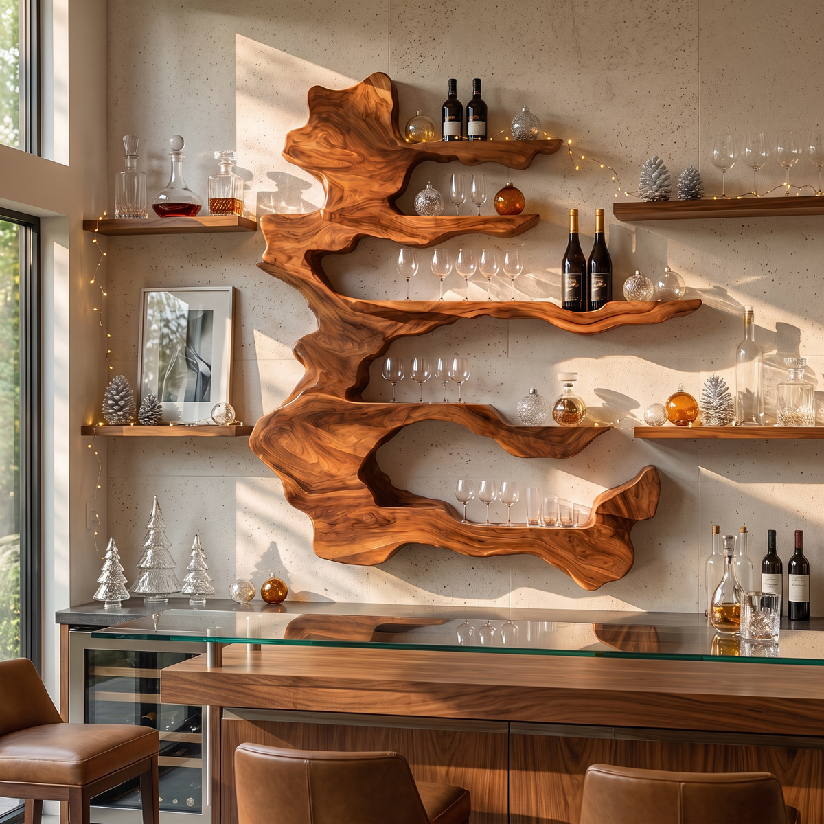Handcrafted Solid Wood Wine Rack with Sculptural Floating Shelves