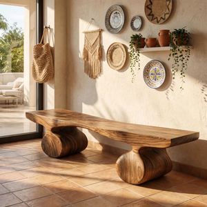 Organic Wood Bench with Sculptural Rounded Pedestal Base for Modern Interiors