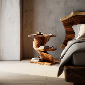 Sculptural Solid Wood Z Side Table with Shelves