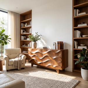 Sideboard Solid Wood with Sculptural Flowing Wave Relief Doors for Entryway Decor