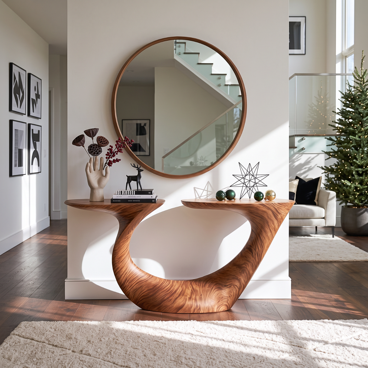 Organic Solid Wood Console Table with Sculptural Double Curve Base