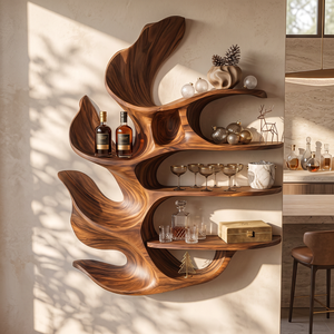 Carved Leaf Solid Wood Wall Wine Holder with Four Floating Display Shelves