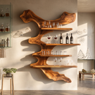 Wall Mounted Solid Wood Wine Rack with Sculptural Tree Form Shelves
