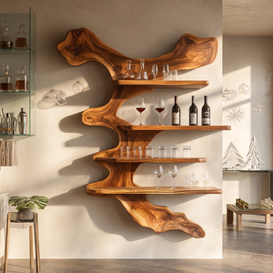 Wall Mounted Solid Wood Wine Rack with Sculptural Tree Form Shelves