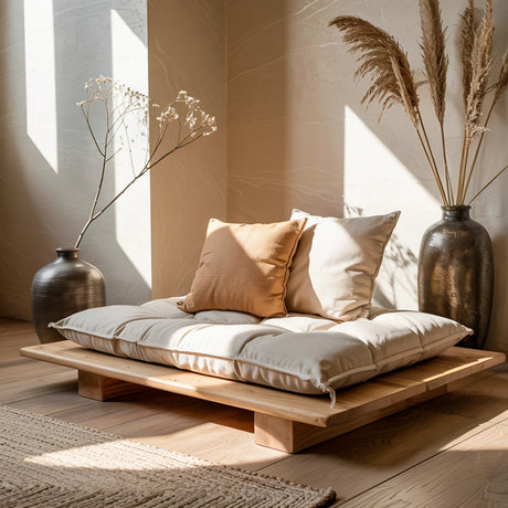 Low Solid Wood Tatami Sofa Platform Japandi Floor Lounge Seat with Cushion
