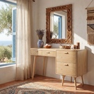 Wood Vanity Table with Side Storage Drawers, Mid Century Modern Dressing Table for Bedroom