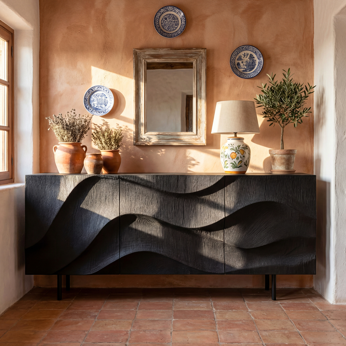 Black Sculpted Wave Front Sideboard Cabinet for Modern Living and Dining